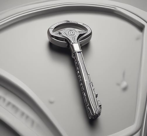 A keychain with a braided heart made of blue, purple, and pink threads is attached to a metal ring with two small silver bells. The braided portion is multicolored, transitioning through shades of blue, purple, and pink. It is connected to a loop of braided thread in yellow and green, from which keys are hanging.