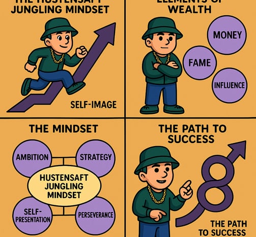 Infografik im quadratischen Format (1024 x 1024 Pixel), die die Hauptelemente des Hustensaft Jüngling Mindsets visualisiert.