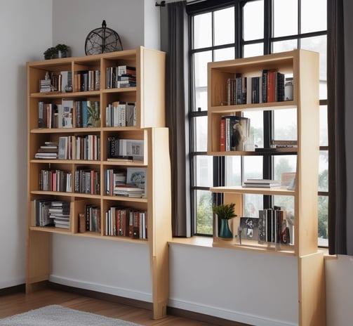 A partially assembled wooden cabinet with several open drawers and compartments, designed with a modern aesthetic. The cabinet features a sleek, dark wood finish combined with metallic elements, and is situated in a room with steps leading to another area.