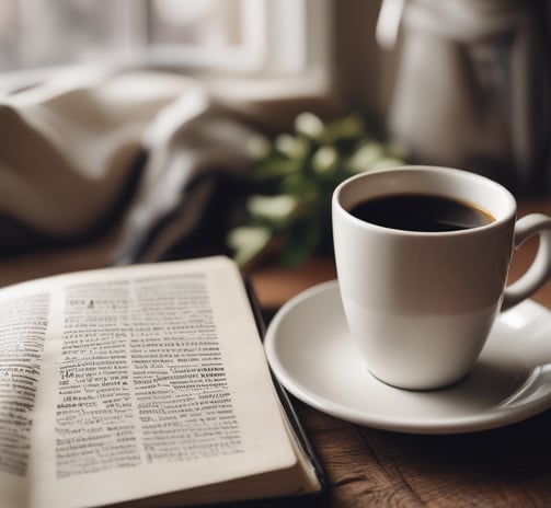 A family stands together in a rustic village setting with stone walls and houses. The scene is framed by vibrant purple flowers, adding a splash of color. The family consists of two adults and a child, all dressed in light, casual clothing, and they appear happy and relaxed.