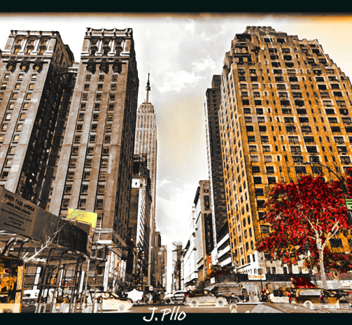 a city street scene with a tree in the foreground