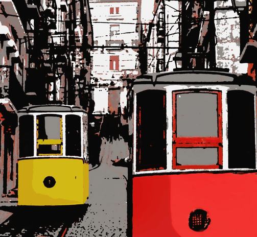 a red and yellow trolley car on a city street