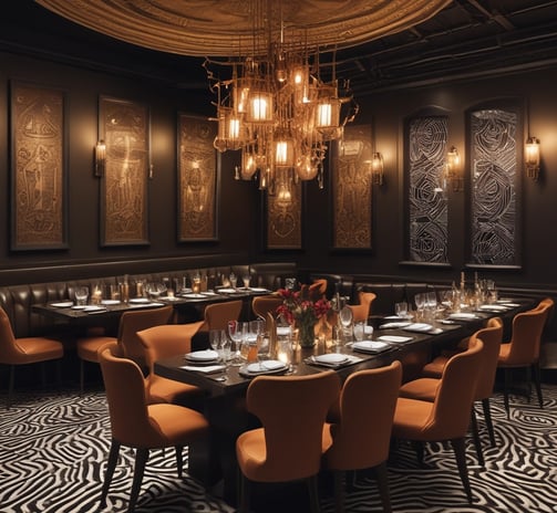 A beautifully decorated restaurant interior showcases elegant table settings with plates, cutlery, and wine glasses on a glossy wooden table. Burgundy curtains and an abundance of greenery hang from the ceiling, adding a touch of sophistication. Stylish chairs and artistic décor, including a zebra print and ornamental lighting fixtures, enhance the ambiance.