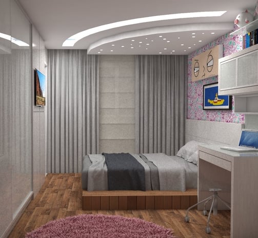 a bedroom with a bed and a desk