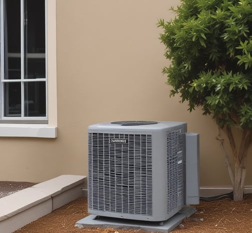 An air conditioning unit is mounted on the exterior wall of a building. Above it, a telecommunications tower reaches into the sky, surrounded by fluffy white clouds under a bright blue sky. The structure of the building is made of light-colored concrete and the air conditioning unit is metallic with visible fans and grills.