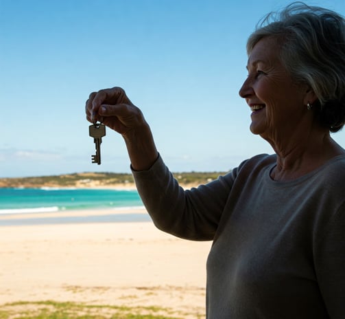 Relieved homeowner smiling at the ocean, holding keys, representing the stress-free experience of se