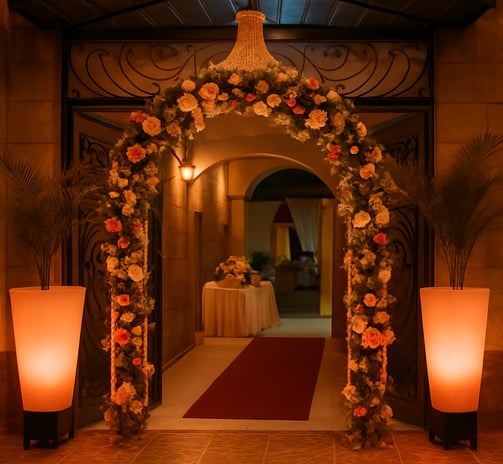 Entrada principal de Magic Party con arco floral iluminado y alfombra roja.