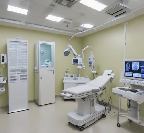Medical professionals are performing surgery in an operating room equipped with overhead lights and medical equipment. IV bags are visible, and the team is focused on the patient lying on the operating table.