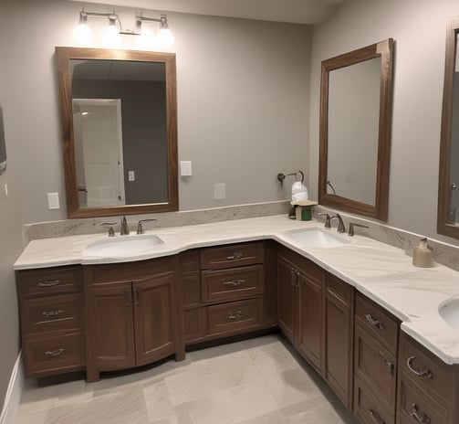 A modern kitchen with sleek white cabinetry and a light gray and white tiled backsplash. The countertops are a smooth, light-colored material, and a stainless steel oven and range hood are prominent. A red kettle sits on the stove, and decorative jars are placed on the counter. Natural light floods in from a large window, and green foliage is visible outside.