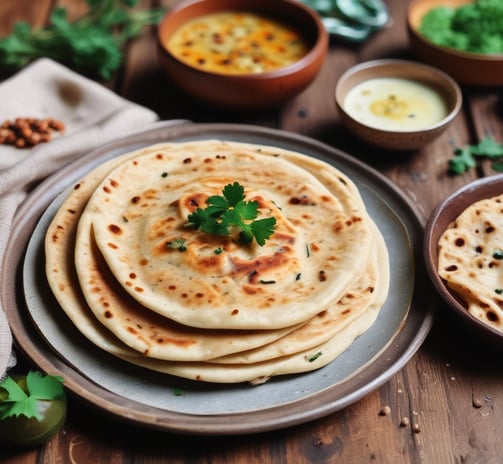 A white plate holds several puffed, golden-brown puris next to a small bowl of bright yellow curry with visible potato pieces.