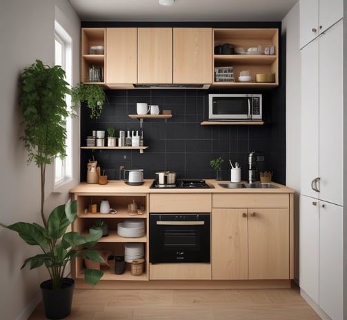 A compact kitchen setup integrated into a wooden cabinet with black tiled walls. There is a microwave oven, several kitchen utensils, plates, and bowls placed on shelves. The countertop includes a sink, a small electric stove, and some food items. A plant with large leaves is situated beside the kitchen against a white wall. The adjacent wall is covered with red bricks, adding a rustic touch to the setting.