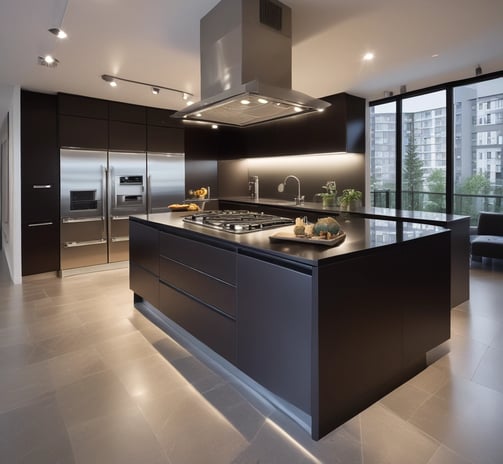 A modern kitchen setup featuring dark wood cabinetry with a glossy finish. The kitchen includes a stainless steel double sink and a gas stove with a steel hood. Under-cabinet lighting highlights the sleek and minimalistic design. Posters and informational sheets are displayed on the wall behind the sink. The flooring is made of light wood with a smooth finish.