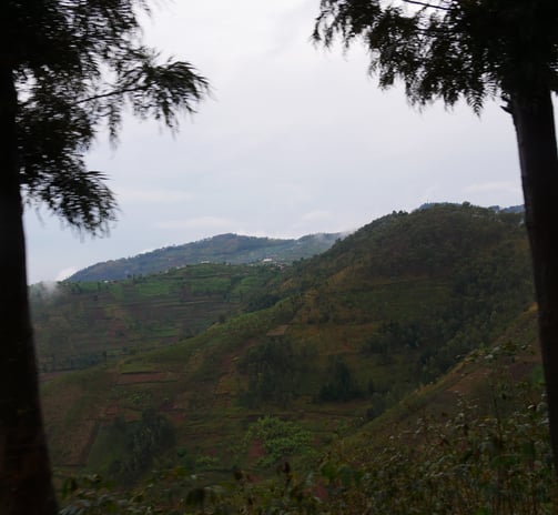 a mountain scene with a view of a valley