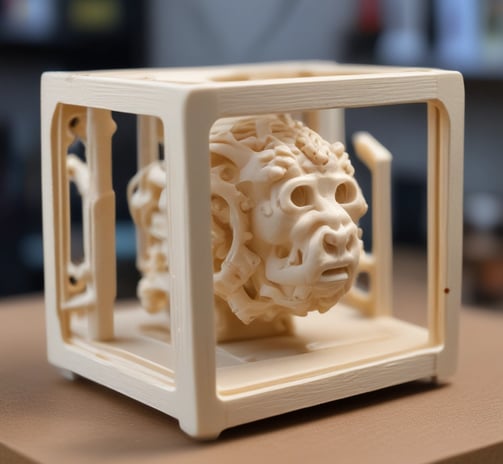 A 3D printer with a black frame and a visible extruder head equipped with wiring and motors. It rests on a clean, white surface with metal rods and a flat print bed for creating three-dimensional objects.
