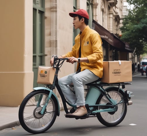 A person is using a laptop, navigating through the Uber Eats food delivery website. The screen displays various food items available for delivery in Montreal, QC, including options like McDonald's and Thai Express. The person appears to be browsing with their hand near the trackpad.