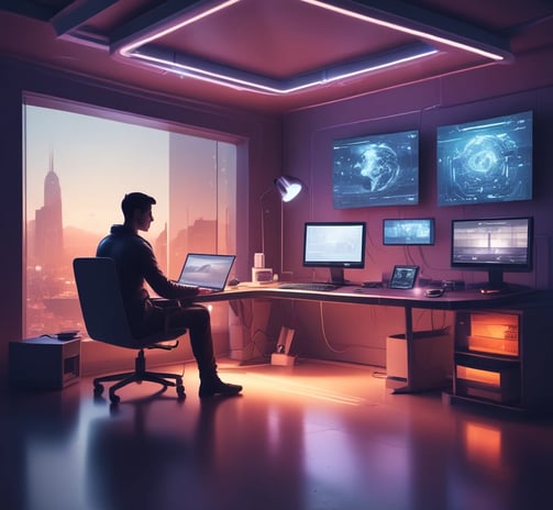 A conference room with a long wooden table surrounded by chairs covered in protective plastic. Multiple computer monitors are placed on tables against the walls, each displaying nature-themed images. The walls are lined with wood paneling, and a sign indicating a center for artificial intelligence is displayed at the front. There are decorative flower arrangements on the table, and the overall setup suggests a professional environment.