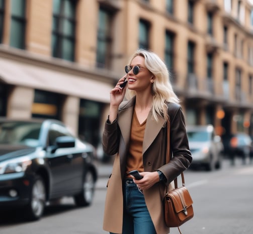 A person with light brown hair is seen from the back, holding a smartphone to their ear. They are wearing a spaghetti strap top with a floral pattern. In the background, a laptop with a blurred screen is visible, suggesting an office or home workspace.