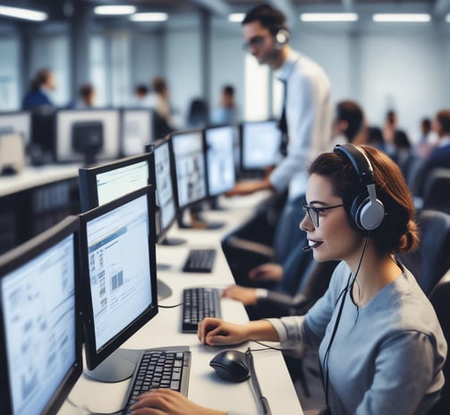 A woman with long dark hair wearing a headset with a microphone is seated inside a vehicle. She wears a black blouse and is looking directly at the camera.
