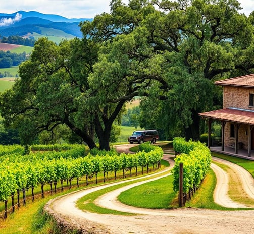 a house with a driveway leading to a vineyard