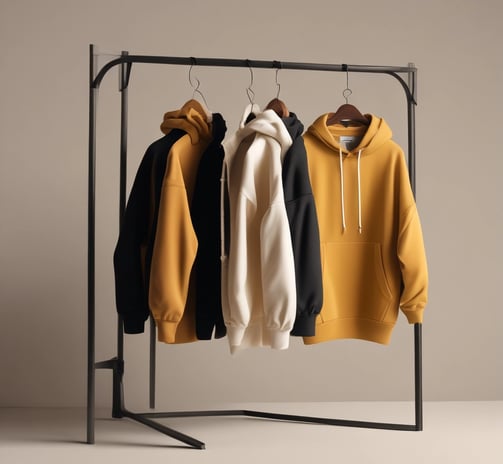An assortment of clothes is displayed in a shop setting. A denim jacket with a large patch featuring a whimsical cat design is prominent. Beside it, a mannequin is dressed in a yellow and black jacket with a maroon beanie. Multiple shirts and decorative items hang in the background.