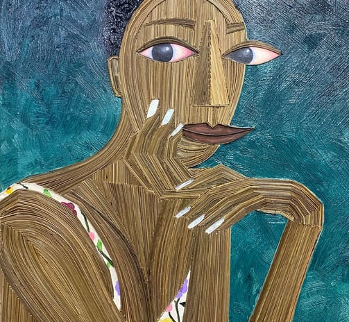 Silent thought, Broomsticks and acrylic on canvas, 2025, 64x76cm (Edward Afadzi)