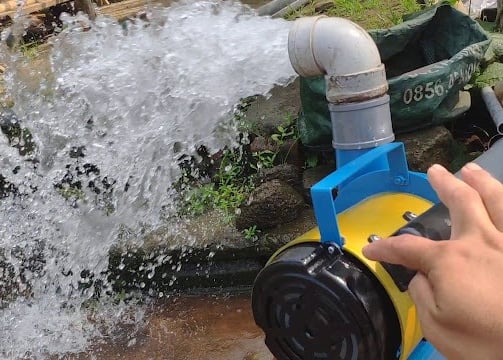 a person is holding a hose and a hose in the water
