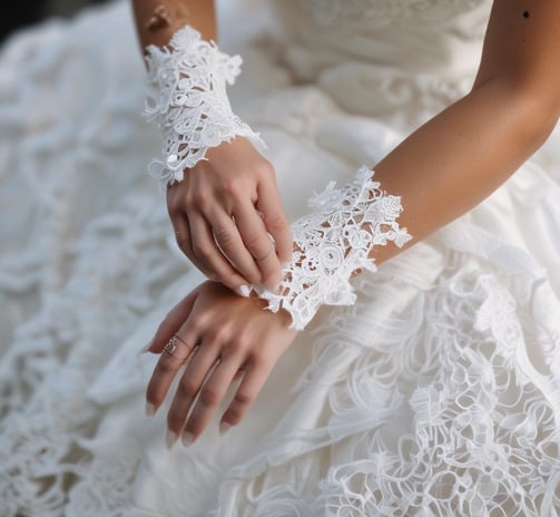 Close-up of a person wearing an intricately embroidered, lace-covered garment. The lace is detailed with floral patterns and covers the shoulder and upper arm area, featuring a delicate, feminine design.