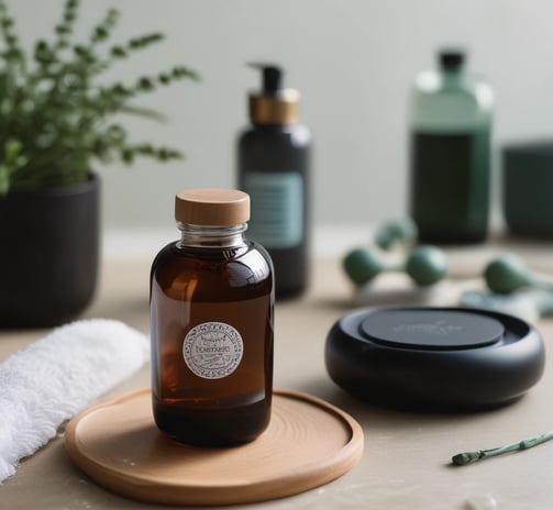 A collection of wellness products is displayed, including a brown glass dropper bottle with a blue label, jars with cream-colored labels, a small bowl with powder, and several capsules scattered on a light surface. Packaging with minimalist design features the brand 'beam' and labels such as 'clarity,' 'the fixer,' and 'revive.'