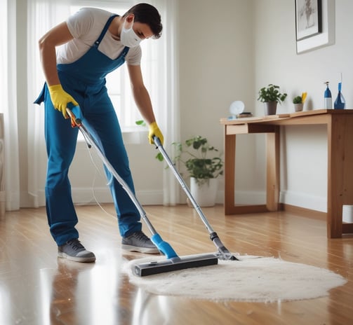 A person wearing a gray coat and blue gloves is cleaning a table in a room with a tiled floor and cream-colored walls. There are several posters on the wall and a light fixture above. To the left, there are stacked chairs and some tables.