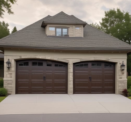 A residential area with a garage featuring a white automatic door. To the left, there is a tall, neatly trimmed hedge next to a white wall, with trees in the background. The sky is partly cloudy with hints of blue peeking through.