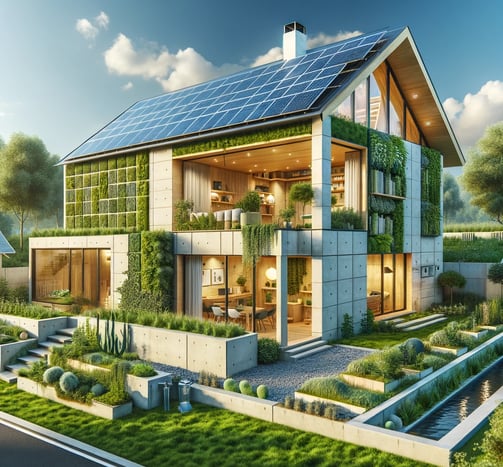 Maison éco avec panneaux solaires et jardin vertical.