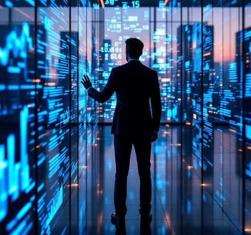 Business man stands in a room and the walls are reflected around him. They reflect technical data.