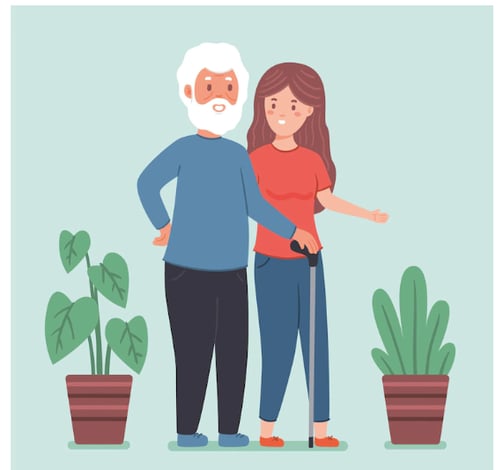 an old man and woman standing next to each other