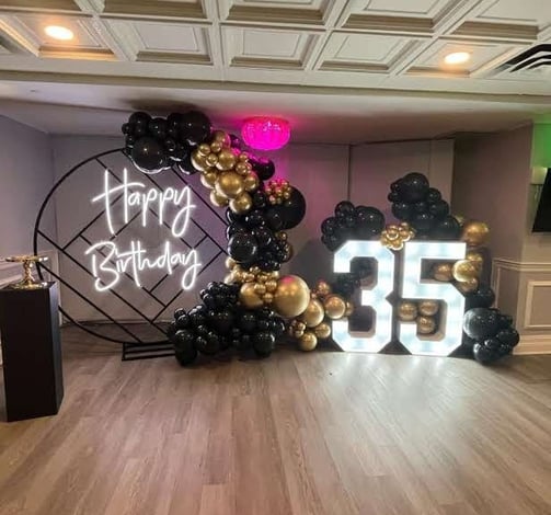 35th balloon backdrop package with happy birthday sign