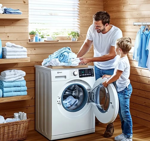vader en zoon doen de was in de wasmachine