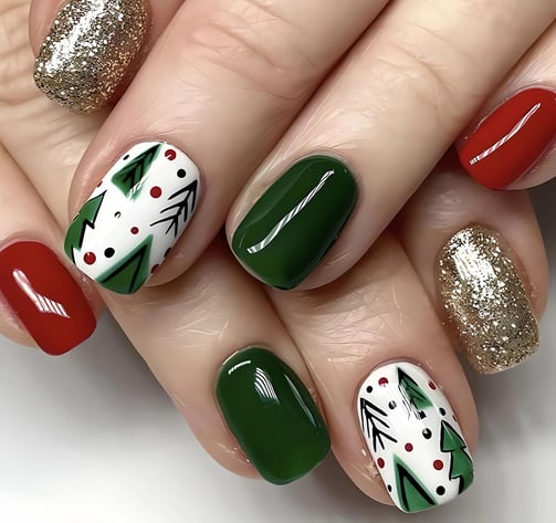 Uñas con diseño de pinos de navidad