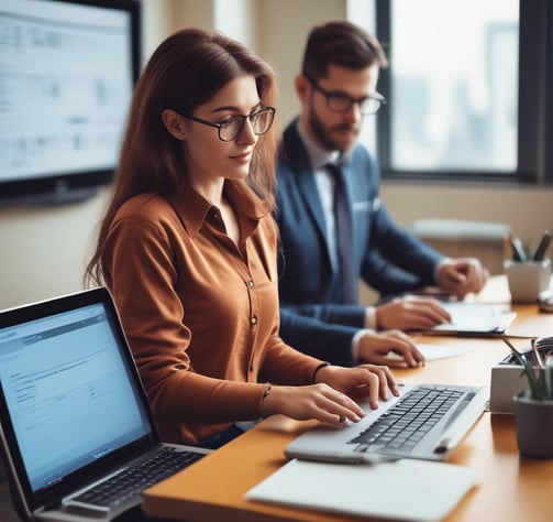 A cloud-shaped object with server racks is connected via cables to a computer monitor. The setup is surrounded by several black squares on a blue background, evoking concepts of cloud computing and data networks.