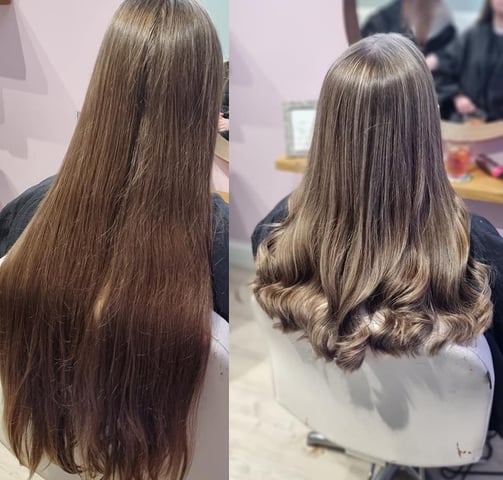 Before and after long brunette to silver style