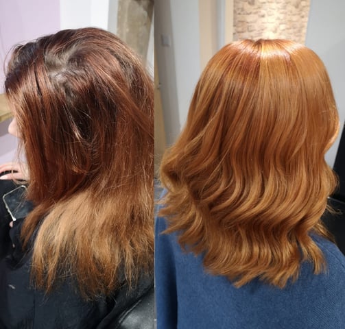 before and after red hair styling