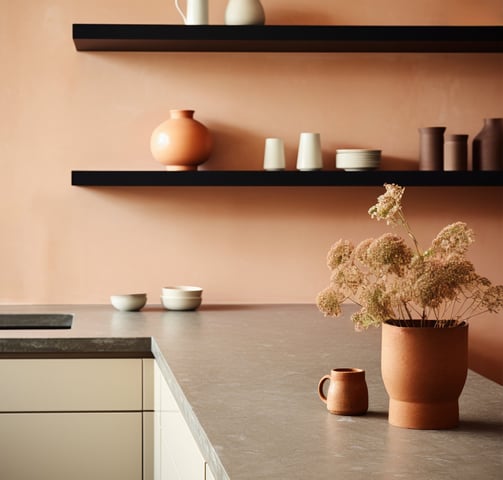Cocina revestida con microcemento con acabado de color