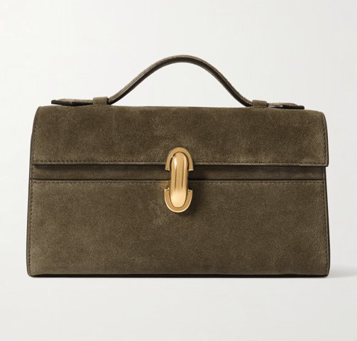 Elegant olive suede handbag with gold-tone clasp and top handle.