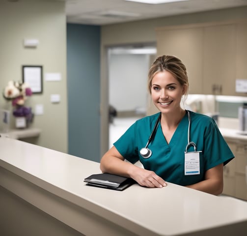 woman in scrubs at a reception desk in a hospital