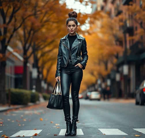 Fall outfit idea with leather jacket, leather pants, leather boots, leather tote bag