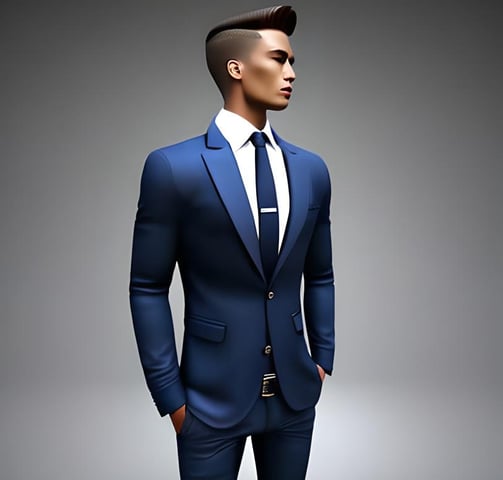a standing man in a blue suit and tie