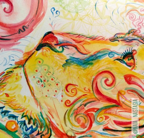 détails d'une Aquarelle aux tons orangés dans laquelle on peut distinguer un lion et un tas d'autres animaux plutôt endémique