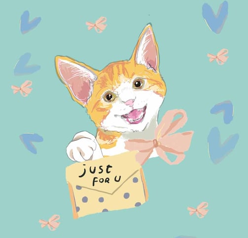 a cat with a bow tie and a card saying just for you