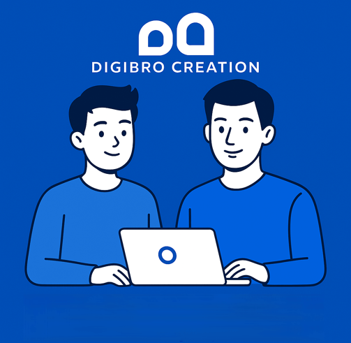 Deux personnages devant un ordinateur, Logo de Digibro Creation en arrière plan