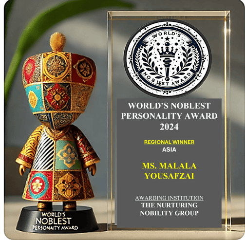 World’s Noblest Personality Award 2024 trophy and plaque for Ms. Malala Yousafzai, Asia winner.