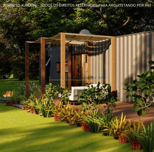Imagem em perspectiva da fachada da casa container, mostrando amplas janelas e um deck de madeira 