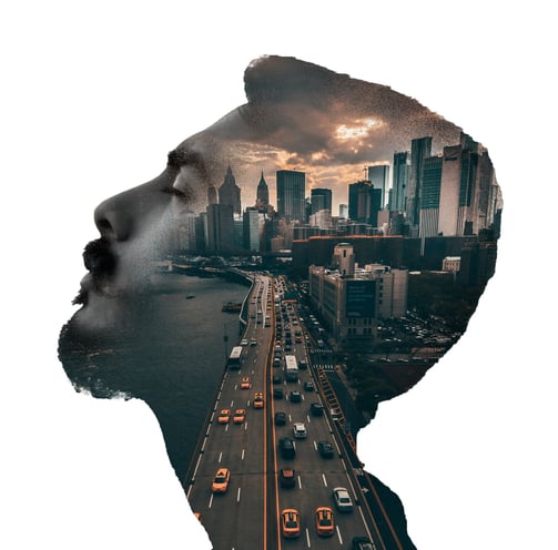 a double exposure of a double exposure of a cityscapeople